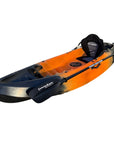Front-angled view of the Cambridge Kayaks Neptune single sit-on-top kayak in orange and black, featuring a comfortable padded seat, durable hull design, and paddle with Cambridge Kayaks logo — perfect for recreational paddling and exploring calm waters.