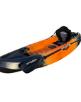 Front-angled view of the Cambridge Kayaks Neptune single sit-on-top kayak in orange and black, featuring a comfortable padded seat, durable hull design, and paddle with Cambridge Kayaks logo — perfect for recreational paddling and exploring calm waters.