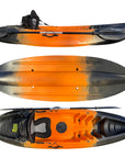 Top, side, and hull view of the Cambridge Kayaks Neptune single sit-on-top kayak in orange and black camo, showcasing its hydrodynamic shape, reinforced underside, and secure paddle holder setup for versatile use.