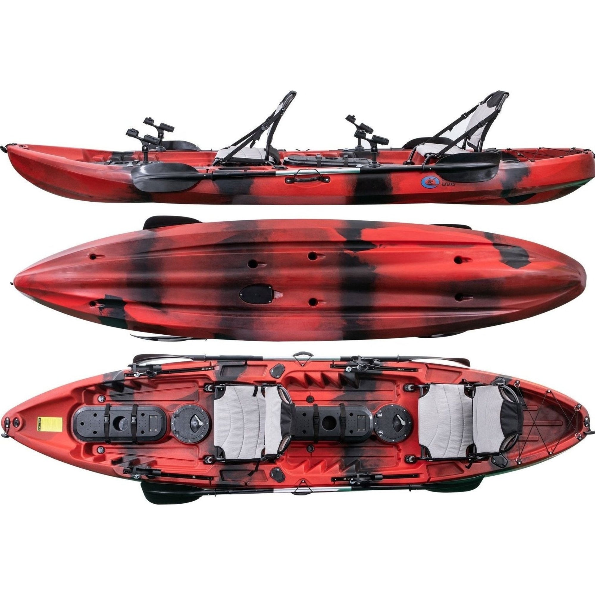 Cambridge Kayaks Orca tandem sit on top fishing kayak in red black camo, stable kayak for beginners and families, ideal for fishing, leisure touring and coastal paddling