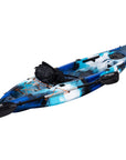 Lifestyle image of the Cambridge Kayaks Quest Single 1+1 Sit-On-Top Kayak in blue camo. Kayak shown on the water with paddler using rear seat position.