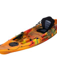 Cambridge Kayaks Quest Single 1+1 Sit-On-Top Kayak in orange camo angled left. Bright, highly visible kayak ideal for family use, fishing, or coastal exploration.