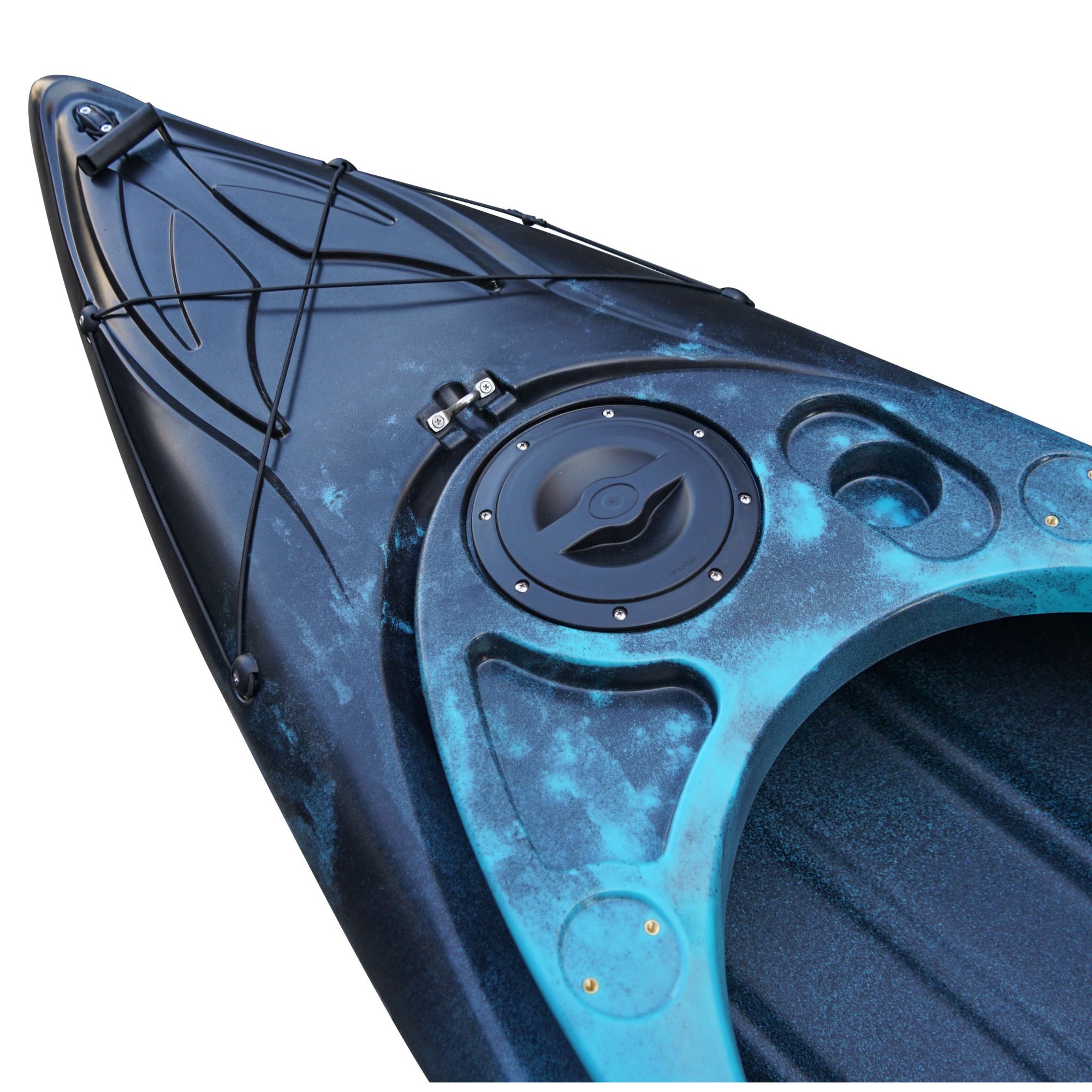 Deck detail of the Cambridge Kayaks single sit inside leisure fishing kayak in black blue fade, highlighting hatch fittings, safety lines, and sleek body design.