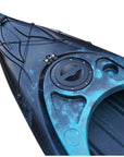 Deck detail of the Cambridge Kayaks single sit inside leisure fishing kayak in black blue fade, highlighting hatch fittings, safety lines, and sleek body design.