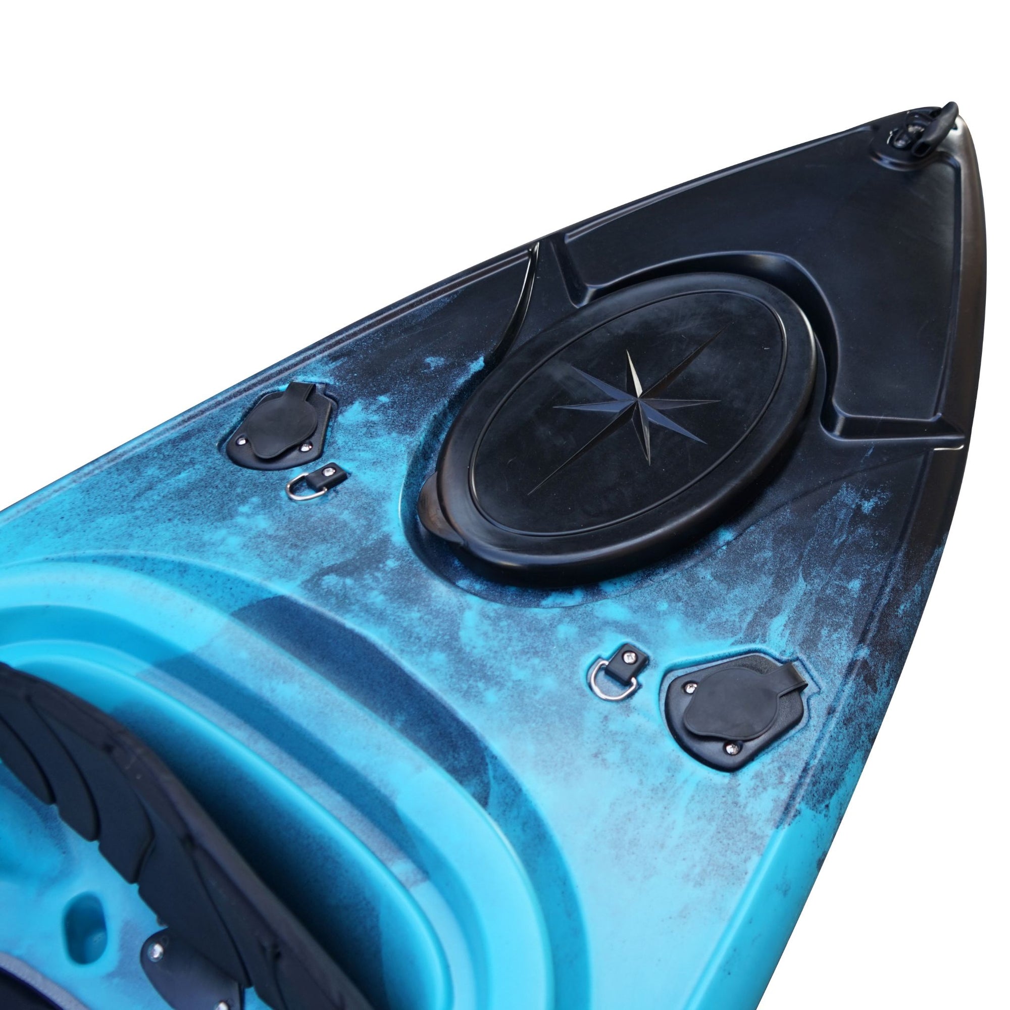 Cambridge Kayaks single sit inside leisure fishing kayak in black blue fade, front angled view with two-tone finish and molded seating for comfort and balance.