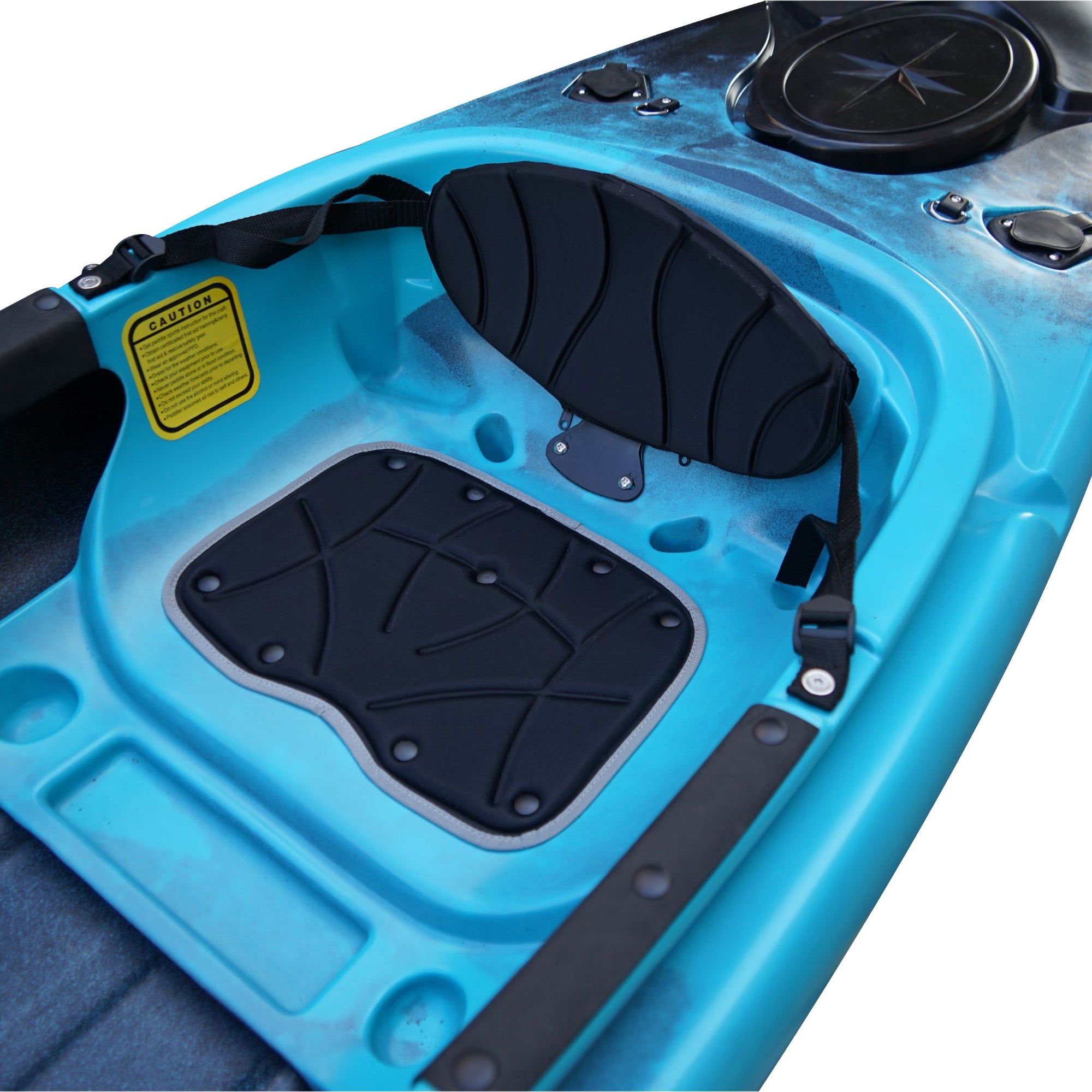 Side profile of the Cambridge Kayaks single sit inside leisure fishing kayak in black blue fade, durable polyethylene hull optimized for stability and glide.