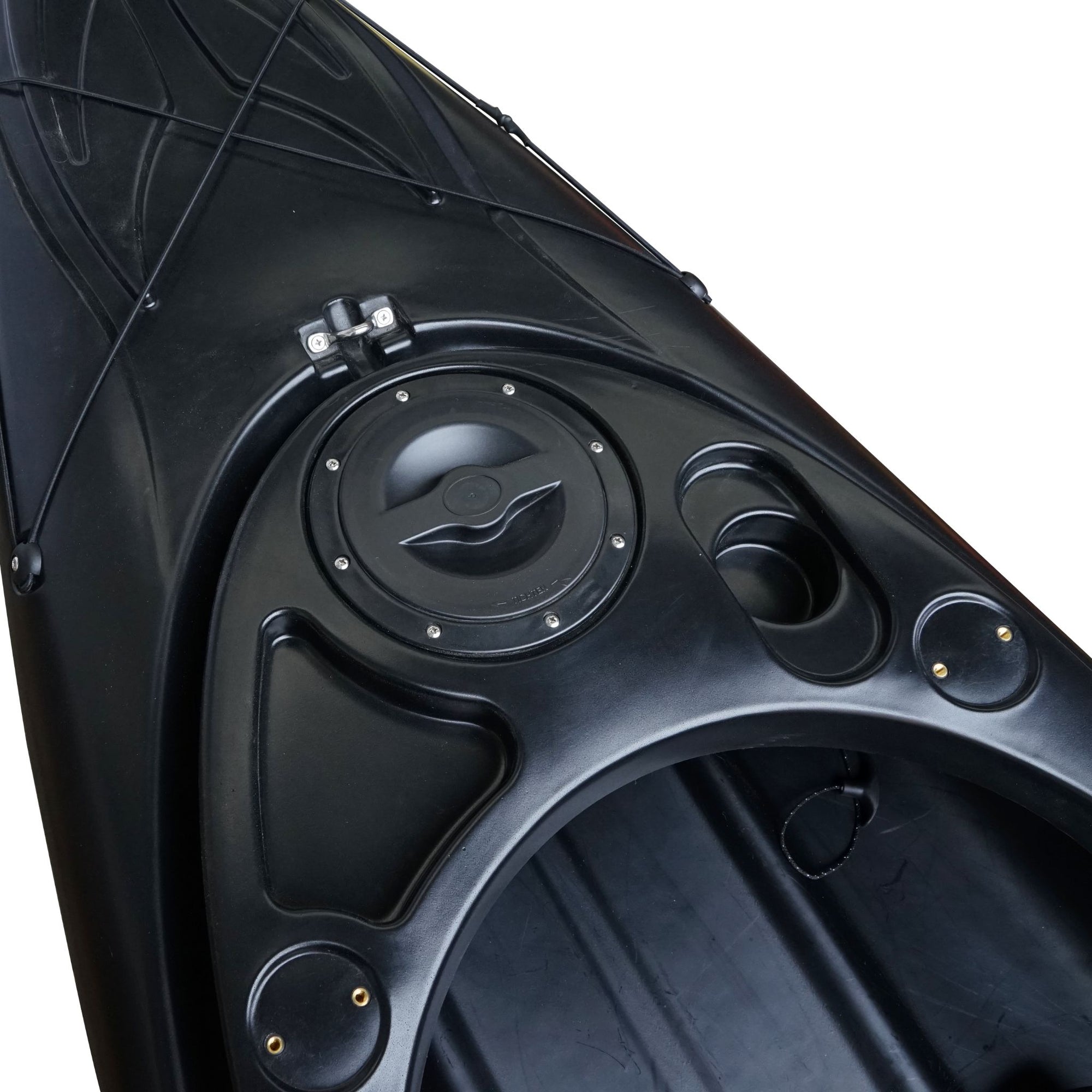 Cockpit view of the Cambridge Kayaks single sit inside leisure fishing kayak in black. Features molded seat area, adjustable footrests, and drain plug.