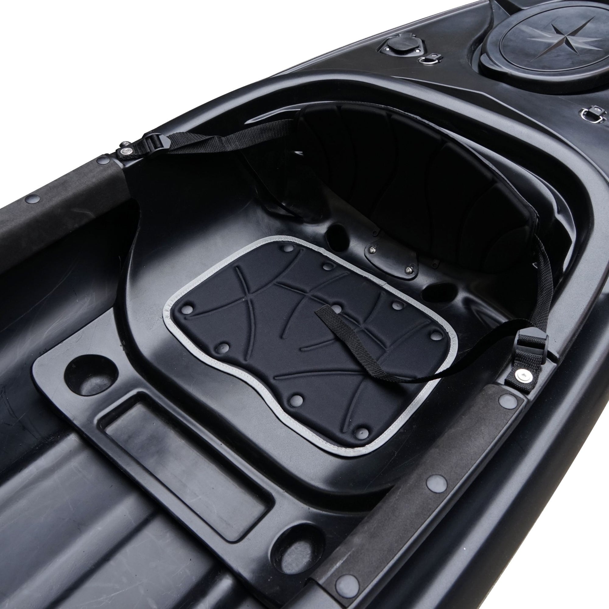 Deck detail of the Cambridge Kayaks single sit inside leisure fishing kayak in black. Highlights front hatch, carry handle, and deck rigging for accessories.