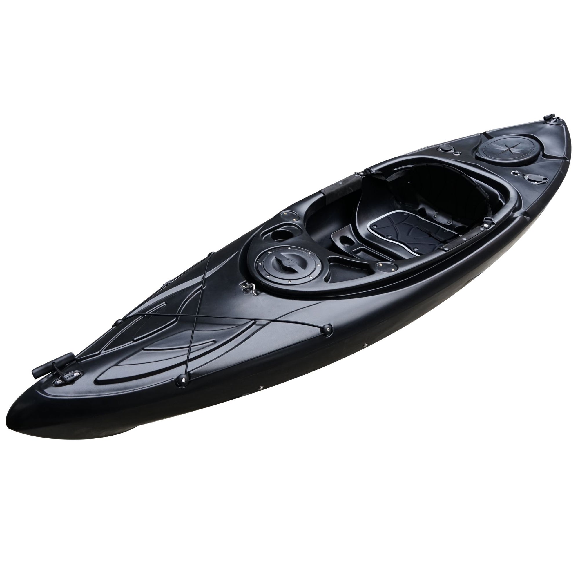 Cambridge Kayaks single sit inside leisure fishing kayak in black, front angled view. Compact sit-in kayak designed for solo paddling, touring, and light fishing.