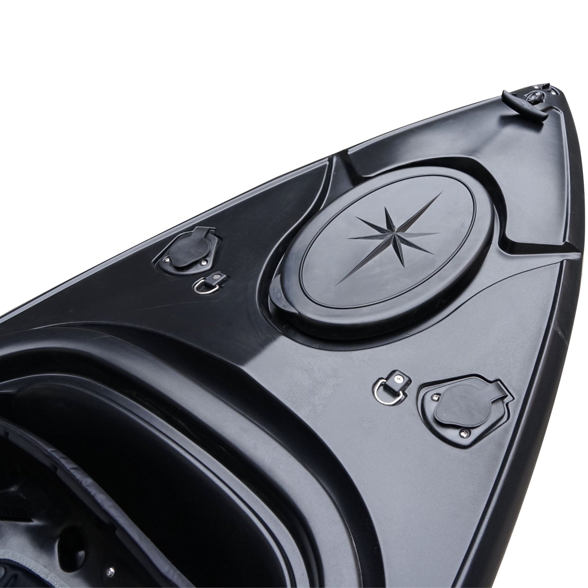 Close-up of the Cambridge Kayaks single sit inside leisure fishing kayak in black. Displays waterproof hatch and front deck fittings for secure storage.