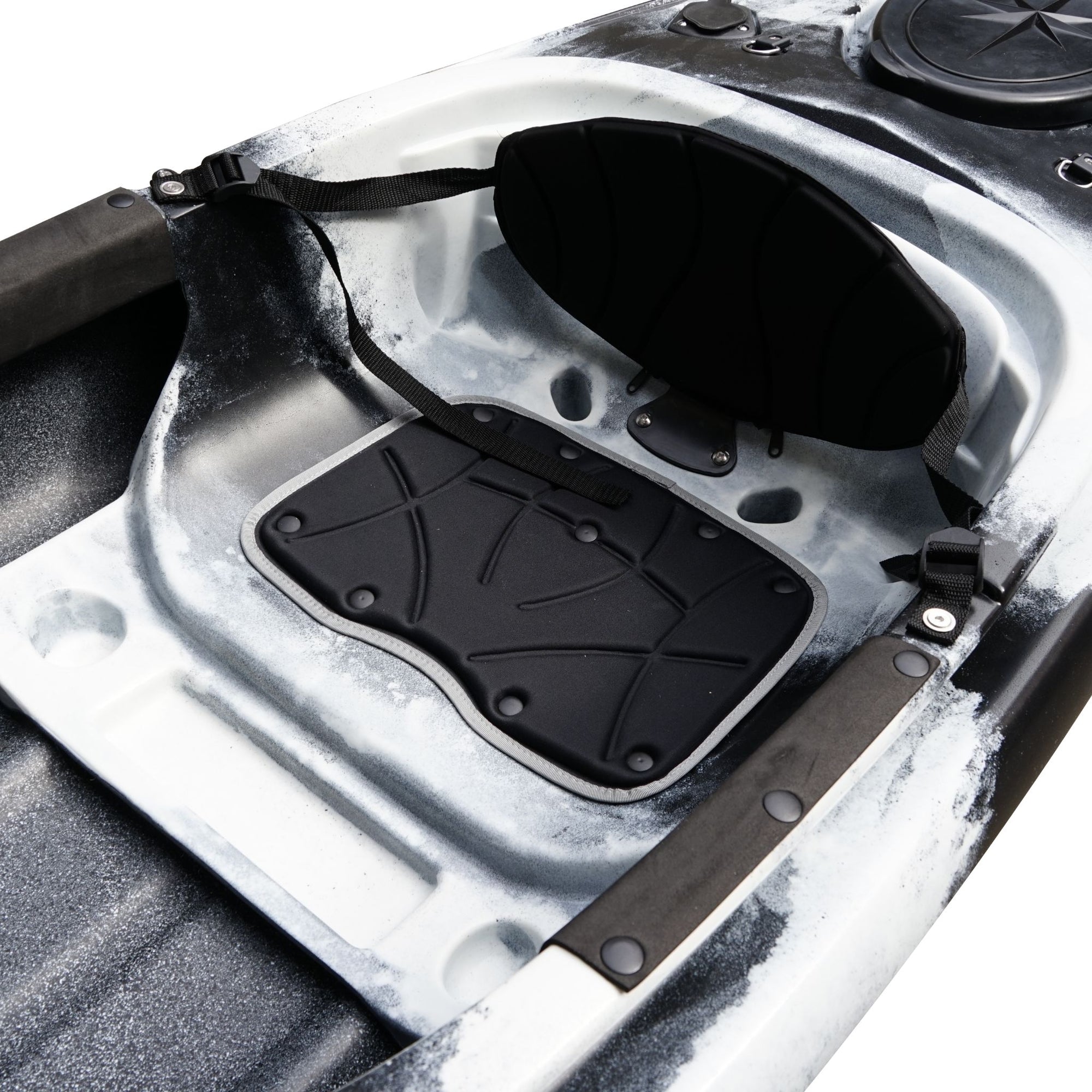 Cockpit detail of the Cambridge Kayaks single sit inside leisure fishing kayak in black white camo. Displays interior layout with secure foot placements and seat molding.