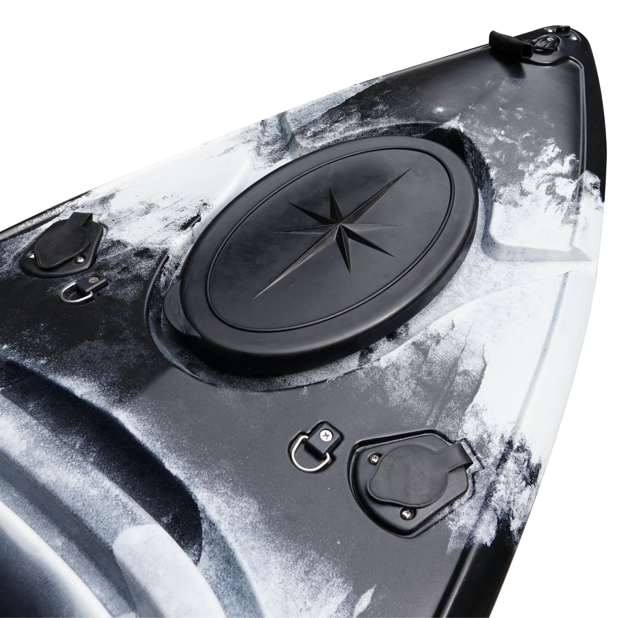 Cambridge Kayaks single sit inside leisure fishing kayak in black white camo, front angled view. Stylish dual-tone design ideal for leisure and fishing trips.