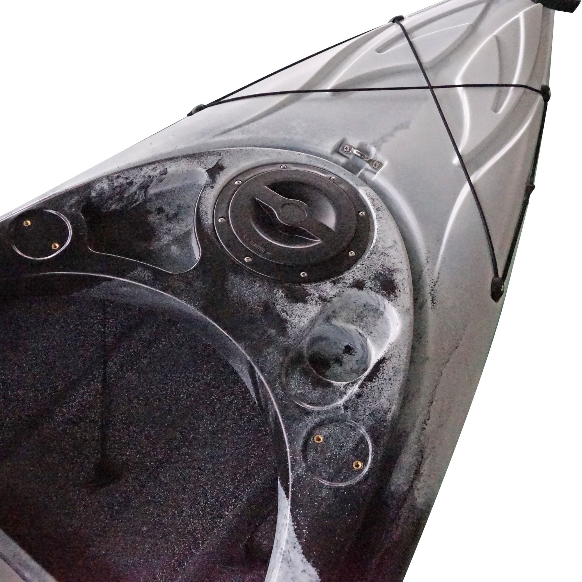Close-up of the Cambridge Kayaks single sit inside leisure fishing kayak in black white camo. Shows watertight hatch and molded fittings for convenience.