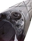 Close-up of the Cambridge Kayaks single sit inside leisure fishing kayak in black white camo. Shows watertight hatch and molded fittings for convenience.