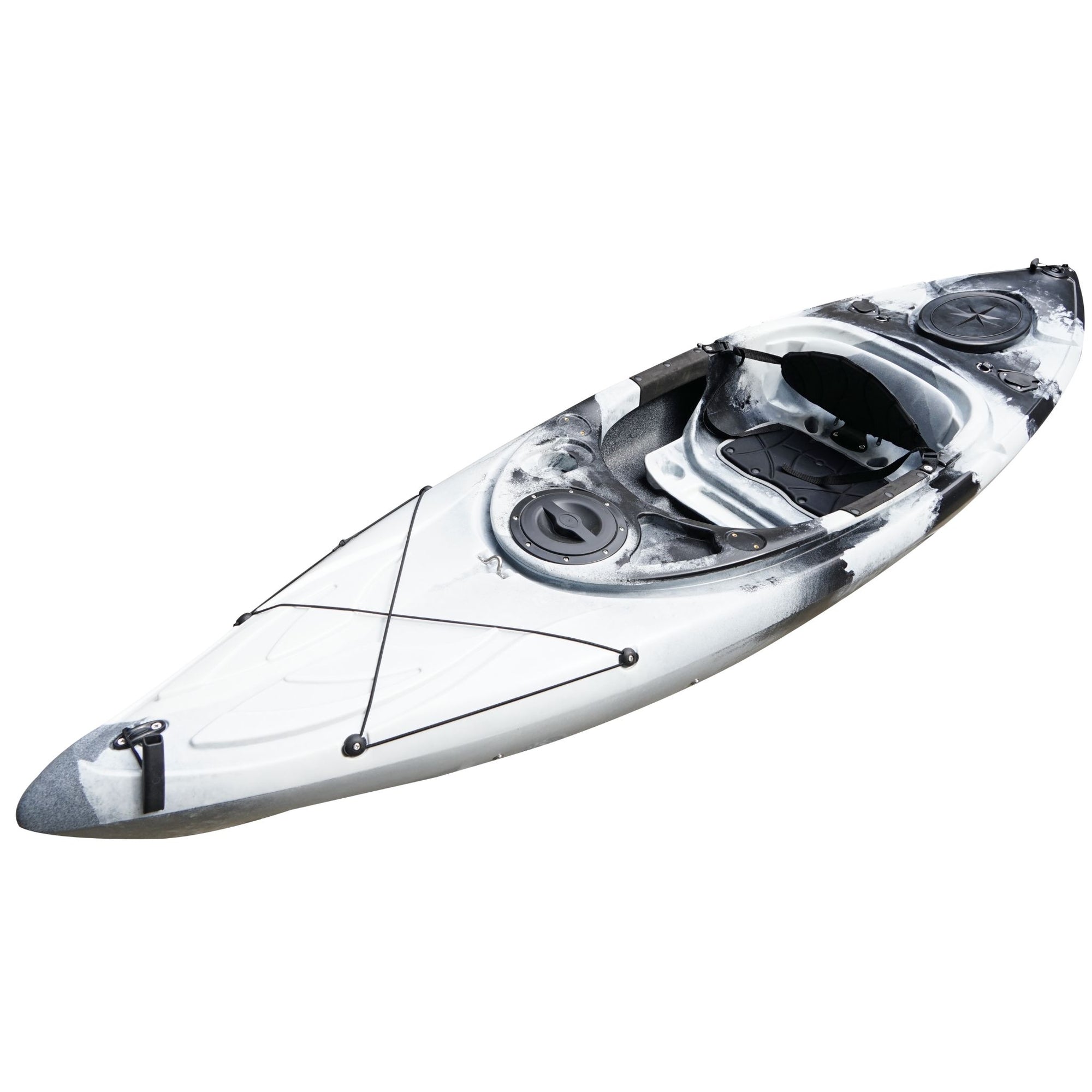 Side profile of the Cambridge Kayaks single sit inside leisure fishing kayak in black white camo. Highlights streamlined hull and seat position for balance.
