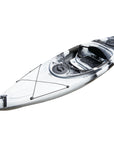 Side profile of the Cambridge Kayaks single sit inside leisure fishing kayak in black white camo. Highlights streamlined hull and seat position for balance.