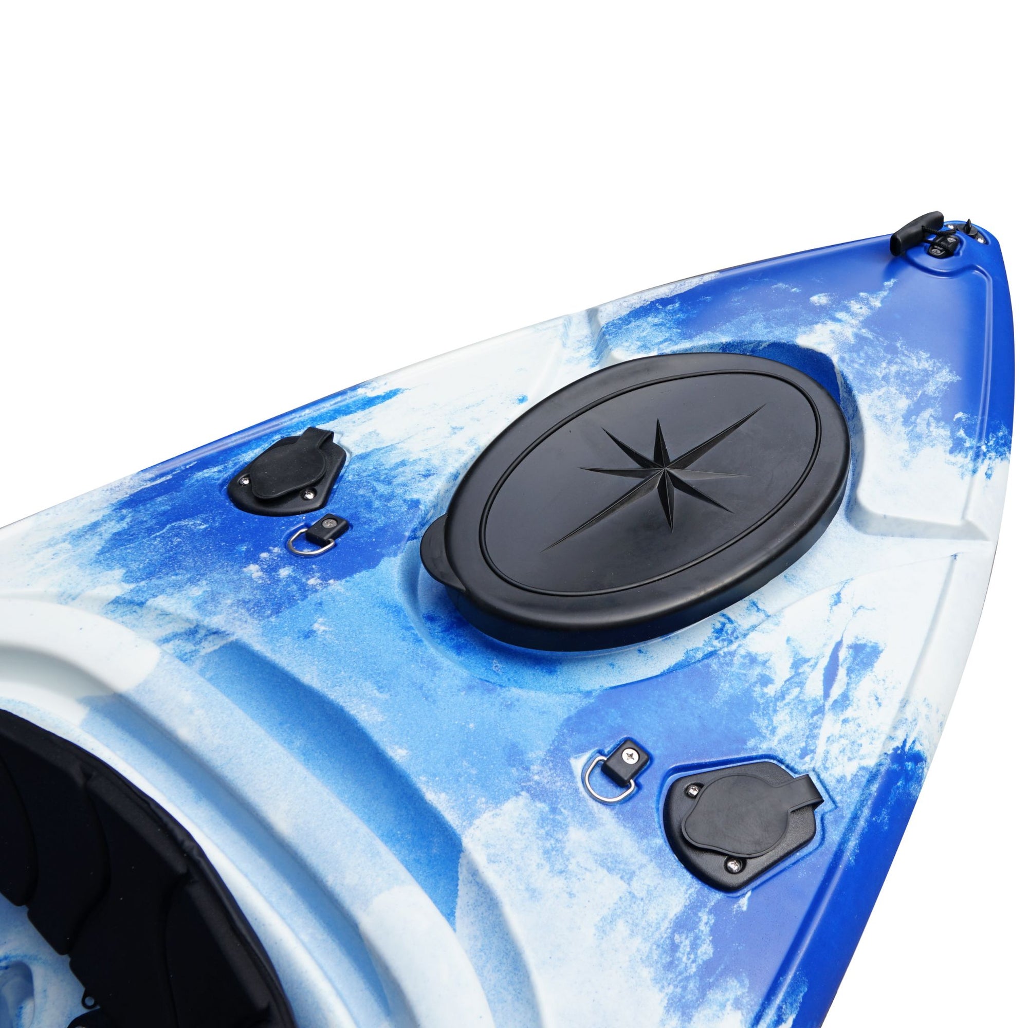 Deck detail of the Cambridge Kayaks single sit inside leisure fishing kayak in blue white camo. Highlights front handle, hatch area, and safety cord attachments.