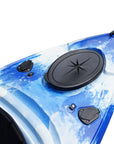 Deck detail of the Cambridge Kayaks single sit inside leisure fishing kayak in blue white camo. Highlights front handle, hatch area, and safety cord attachments.