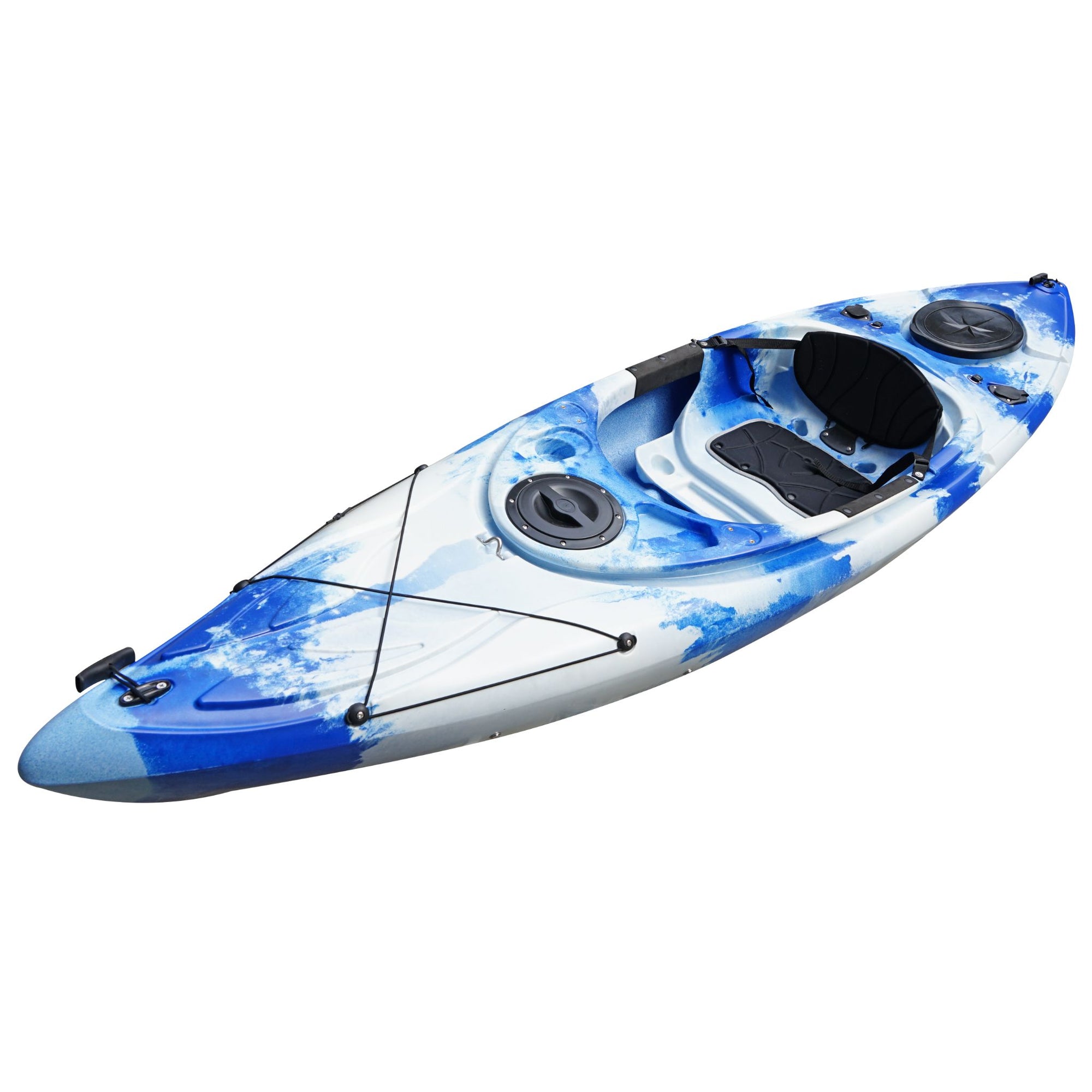 Cambridge Kayaks single sit inside leisure fishing kayak in blue white camo, front angled view. Compact and colourful design built for performance and comfort.