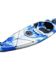 Cambridge Kayaks single sit inside leisure fishing kayak in blue white camo, front angled view. Compact and colourful design built for performance and comfort.