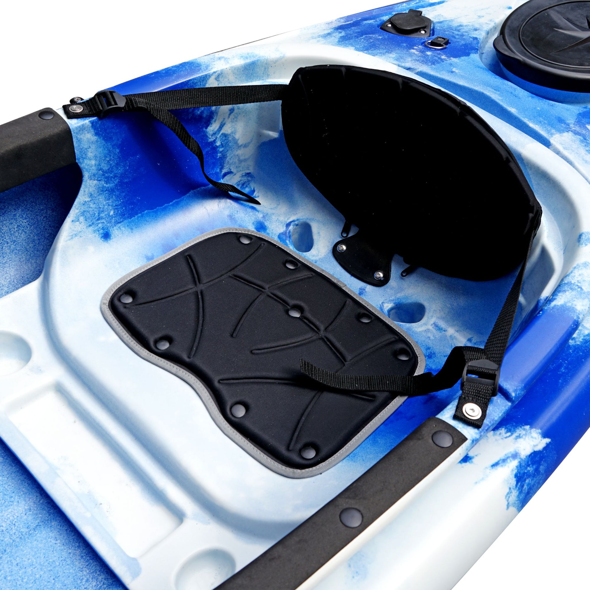 Close-up of the Cambridge Kayaks single sit inside leisure fishing kayak in blue white camo. Displays waterproof hatch and front rigging system.