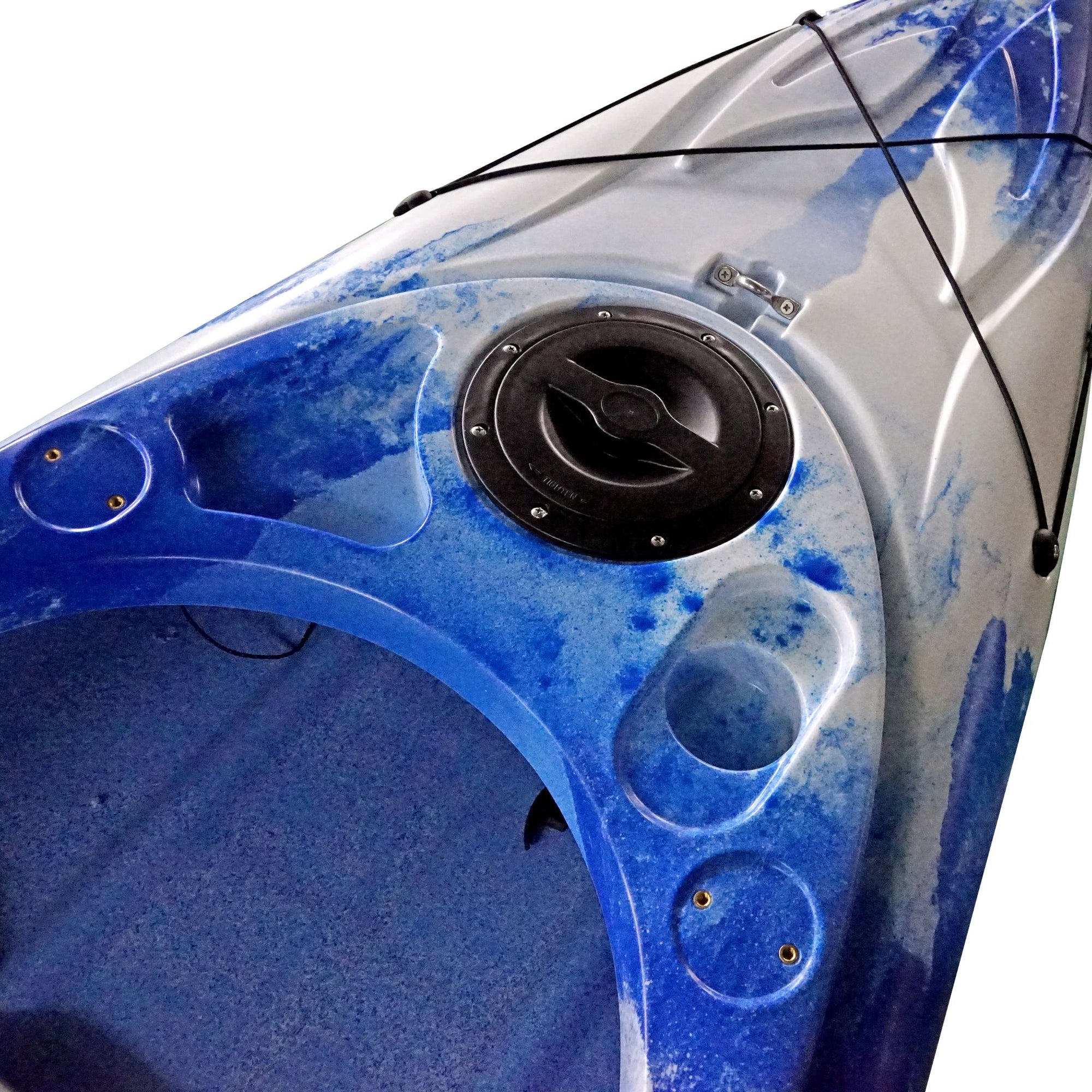 Side profile of the Cambridge Kayaks single sit inside leisure fishing kayak in blue white camo. Shows hull design for improved glide and stability on calm waters.