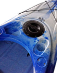 Side profile of the Cambridge Kayaks single sit inside leisure fishing kayak in blue white camo. Shows hull design for improved glide and stability on calm waters.