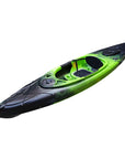 Close-up of the Cambridge Kayaks single sit inside leisure fishing kayak in green black fade, featuring ergonomic cockpit, hatch cover, and footrest layout.