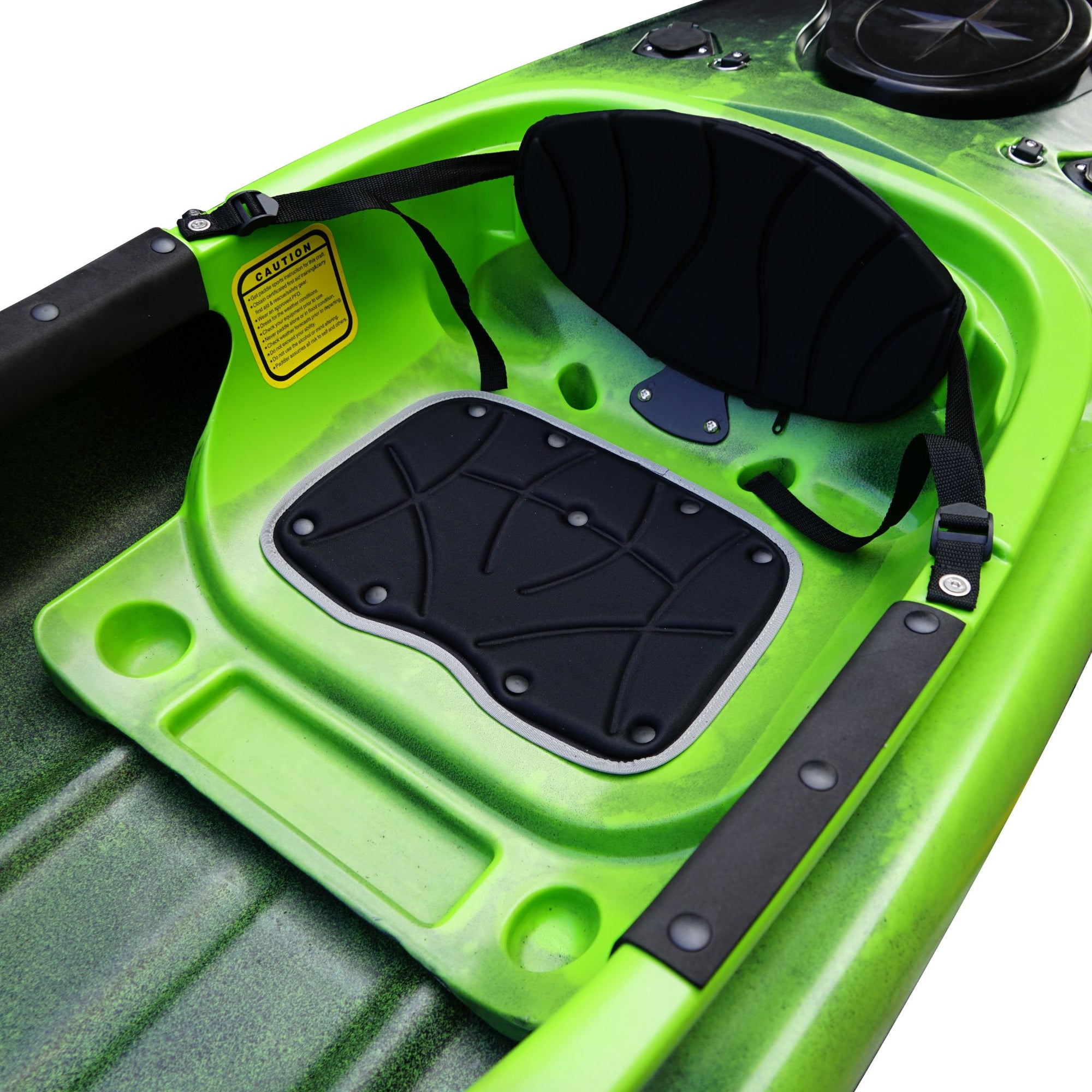 Deck view of the Cambridge Kayaks single sit inside leisure fishing kayak in green black fade, showing hatch placement, handles, and textured grip surface.