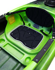 Deck view of the Cambridge Kayaks single sit inside leisure fishing kayak in green black fade, showing hatch placement, handles, and textured grip surface.