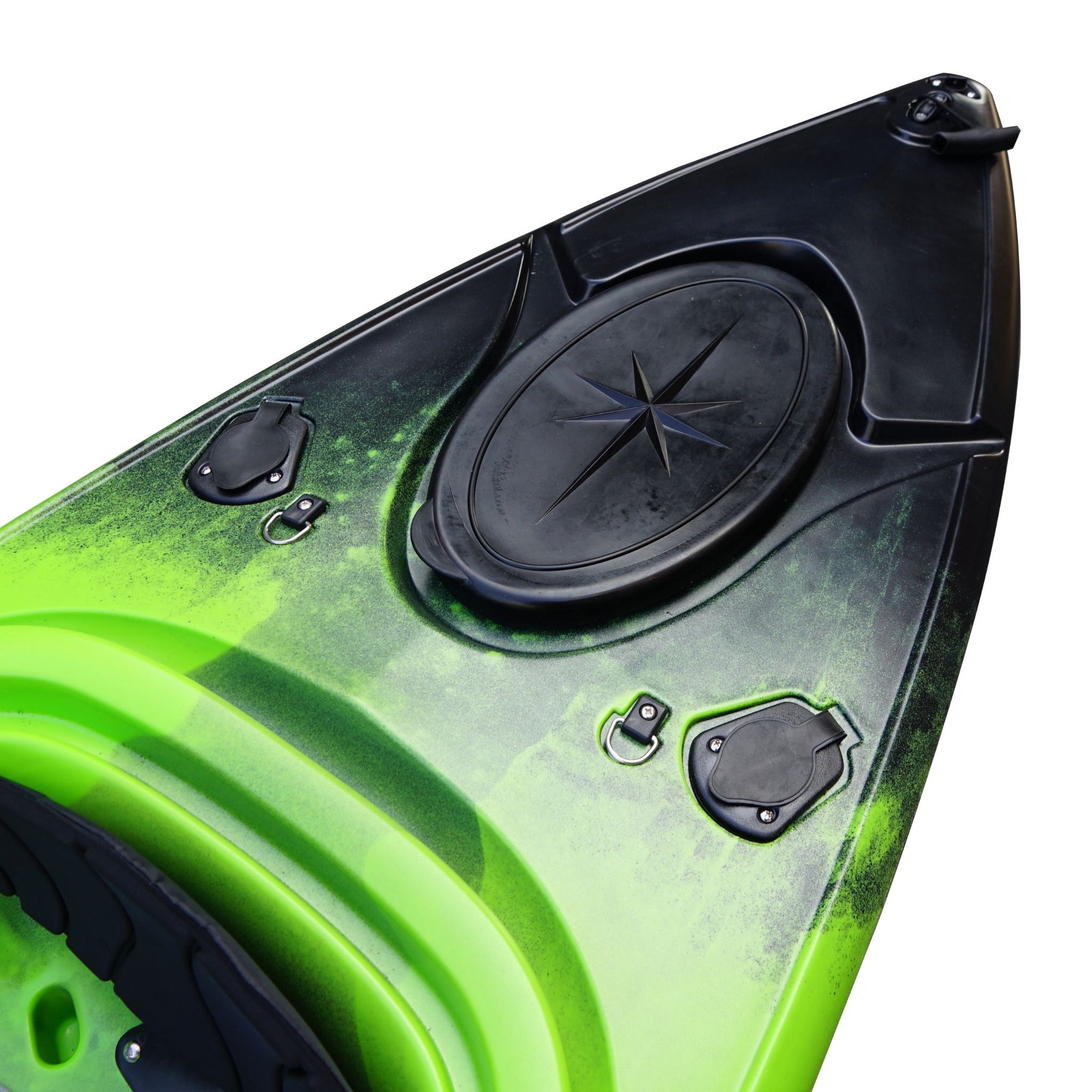 Cambridge Kayaks single sit inside leisure fishing kayak in green black fade, front angled view emphasizing strong dual-tone body for tracking and maneuverability.