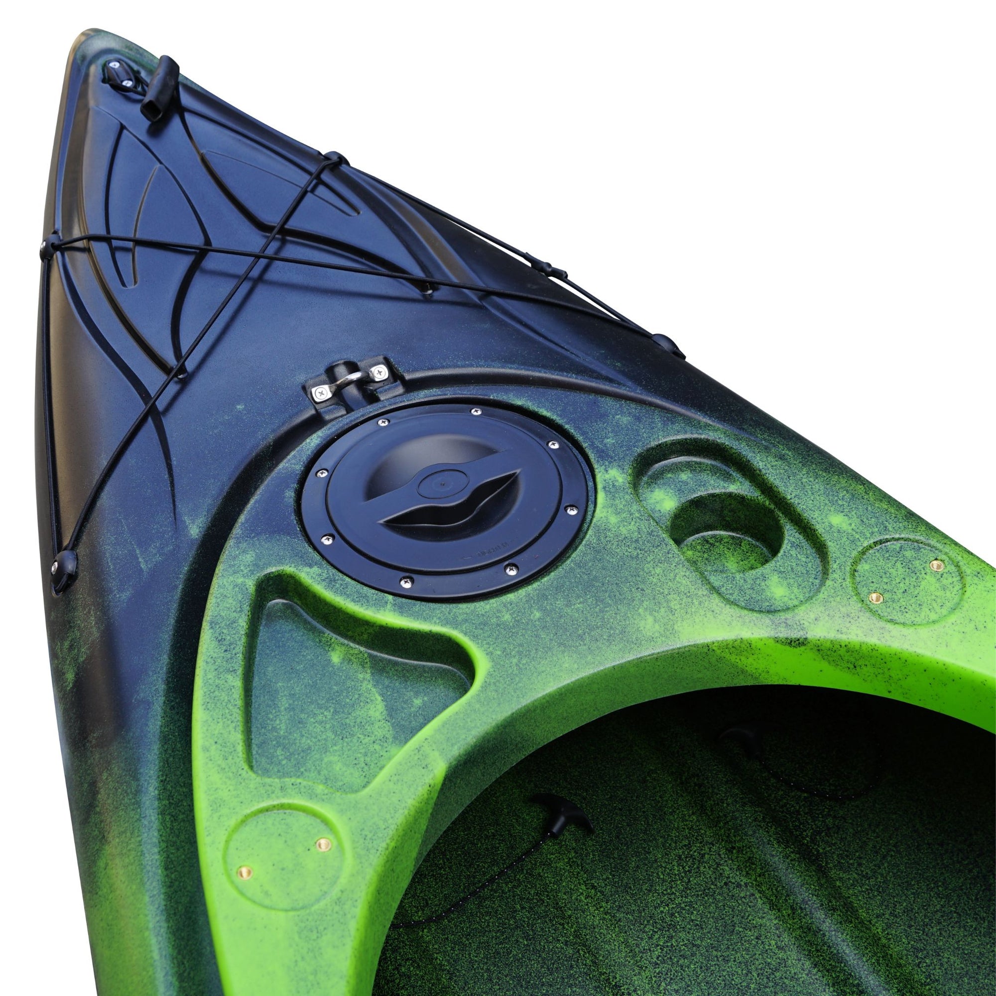 Side profile of the Cambridge Kayaks single sit inside leisure fishing kayak in green black fade, ideal for calm waters, rivers, and coastal adventures.