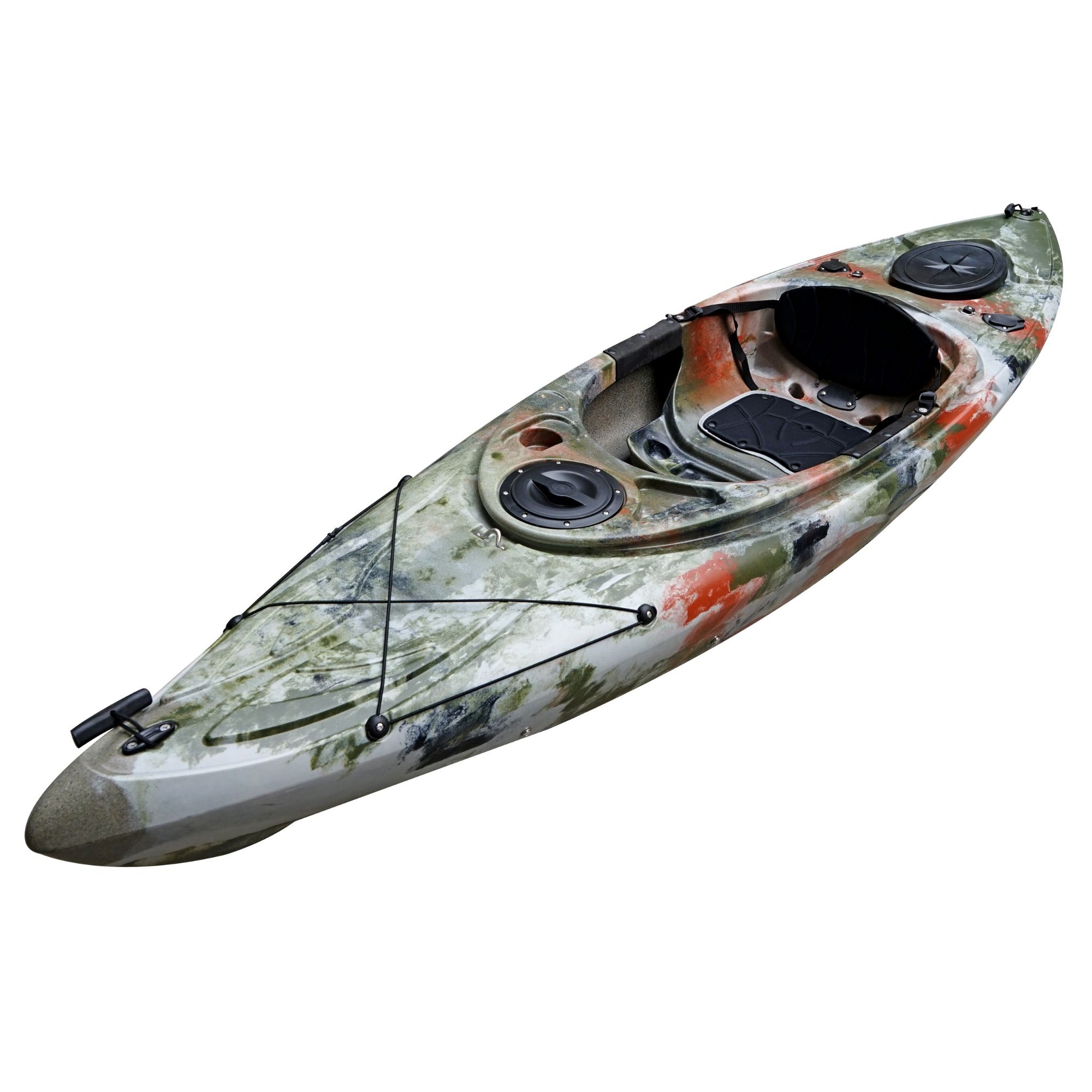 Close-up of the Cambridge Kayaks single sit inside leisure fishing kayak in jungle camo. Displays seat layout, hatch detail, and interior fit for solo use.