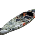 Close-up of the Cambridge Kayaks single sit inside leisure fishing kayak in jungle camo. Displays seat layout, hatch detail, and interior fit for solo use.