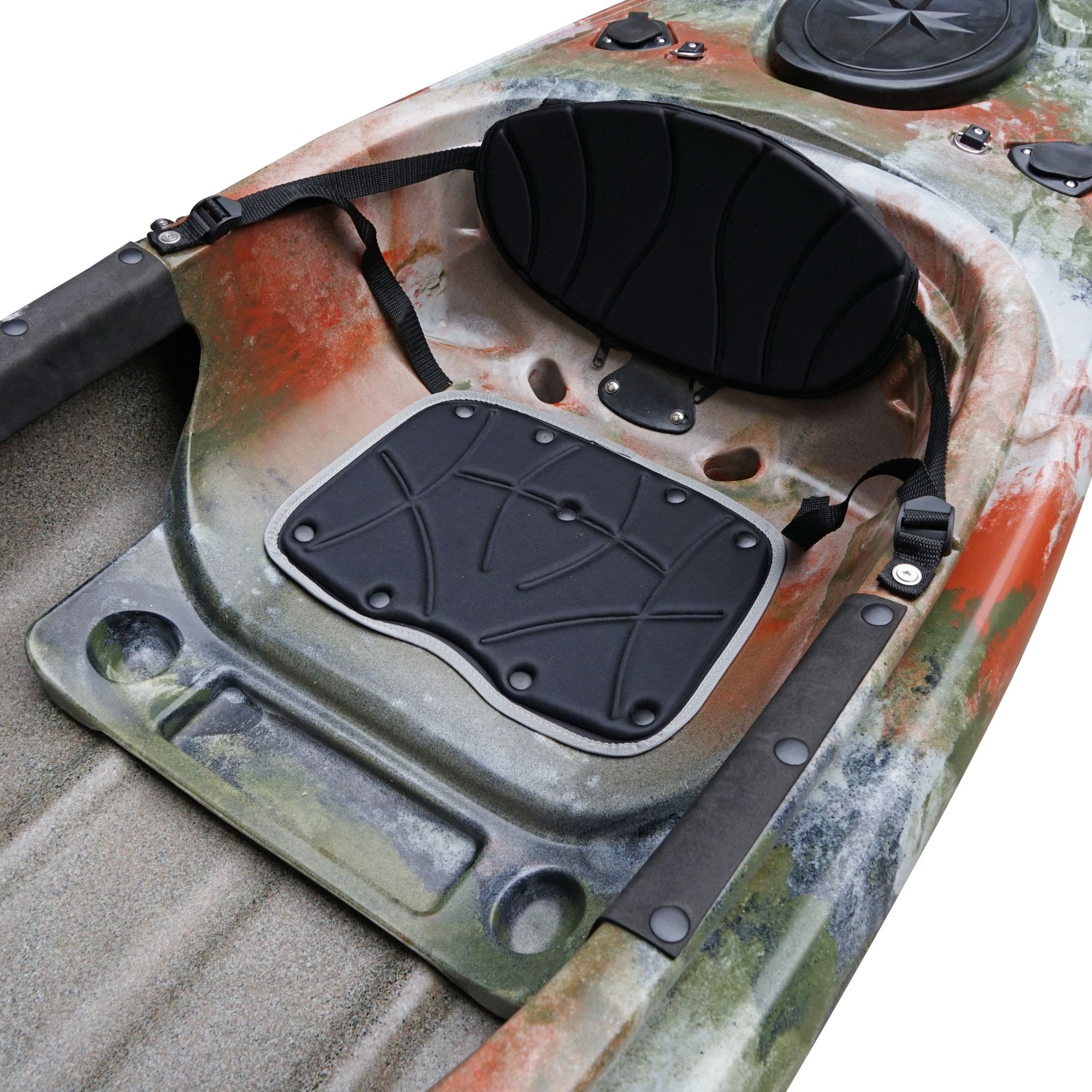 Deck view of the Cambridge Kayaks single sit inside leisure fishing kayak in jungle camo. Shows hatch fittings, carry handles, and textured finish for grip.
