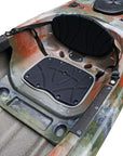 Deck view of the Cambridge Kayaks single sit inside leisure fishing kayak in jungle camo. Shows hatch fittings, carry handles, and textured finish for grip.