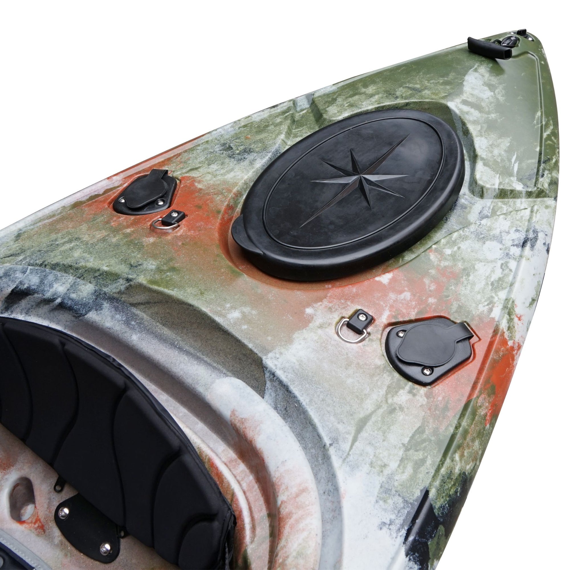 Cambridge Kayaks single sit inside leisure fishing kayak in jungle camo, front angled view. Durable kayak ideal for anglers, exploring lakes, and coastal touring.