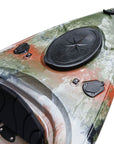 Cambridge Kayaks single sit inside leisure fishing kayak in jungle camo, front angled view. Durable kayak ideal for anglers, exploring lakes, and coastal touring.