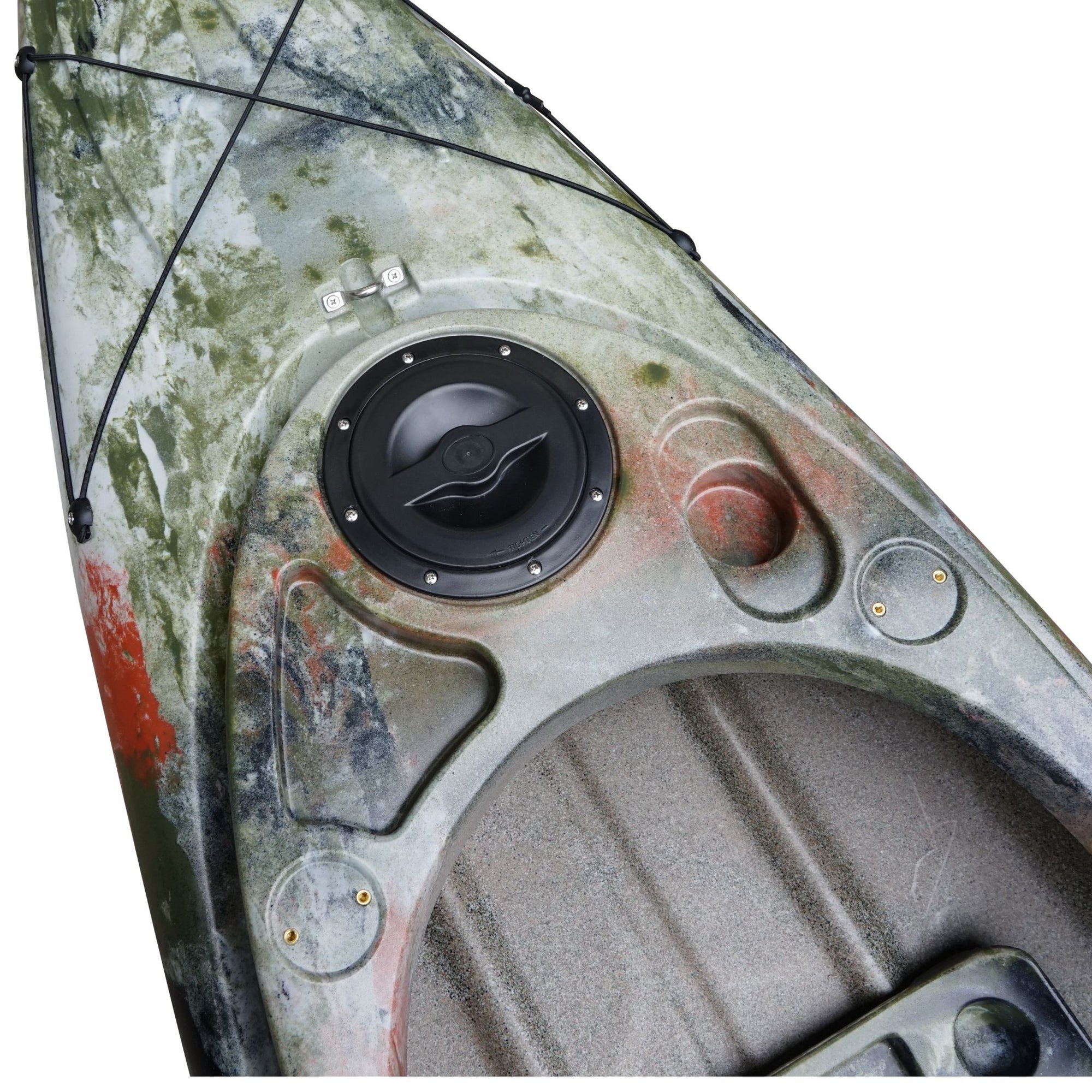 Side profile of the Cambridge Kayaks single sit inside leisure fishing kayak in jungle camo. Designed for balance and control, perfect for fishing or leisure trips.