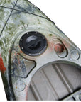Side profile of the Cambridge Kayaks single sit inside leisure fishing kayak in jungle camo. Designed for balance and control, perfect for fishing or leisure trips.