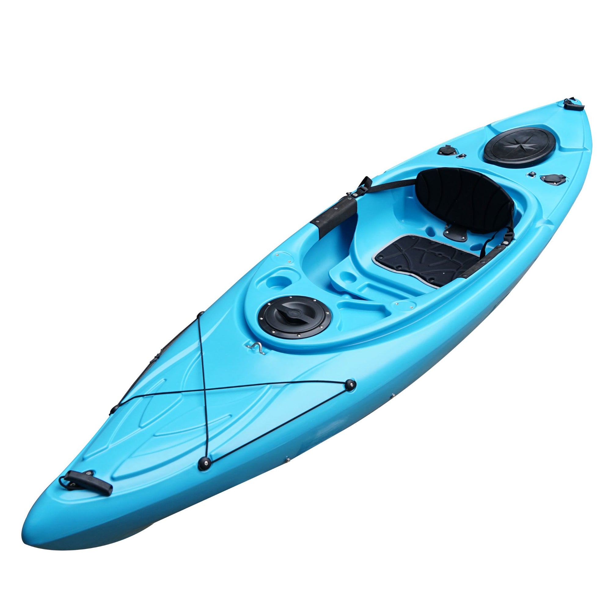 Close-up of the Cambridge Kayaks single sit inside leisure fishing kayak in light blue, featuring comfortable cockpit, drain plug, and secure waterproof hatch.