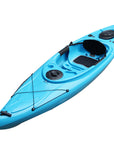 Close-up of the Cambridge Kayaks single sit inside leisure fishing kayak in light blue, featuring comfortable cockpit, drain plug, and secure waterproof hatch.