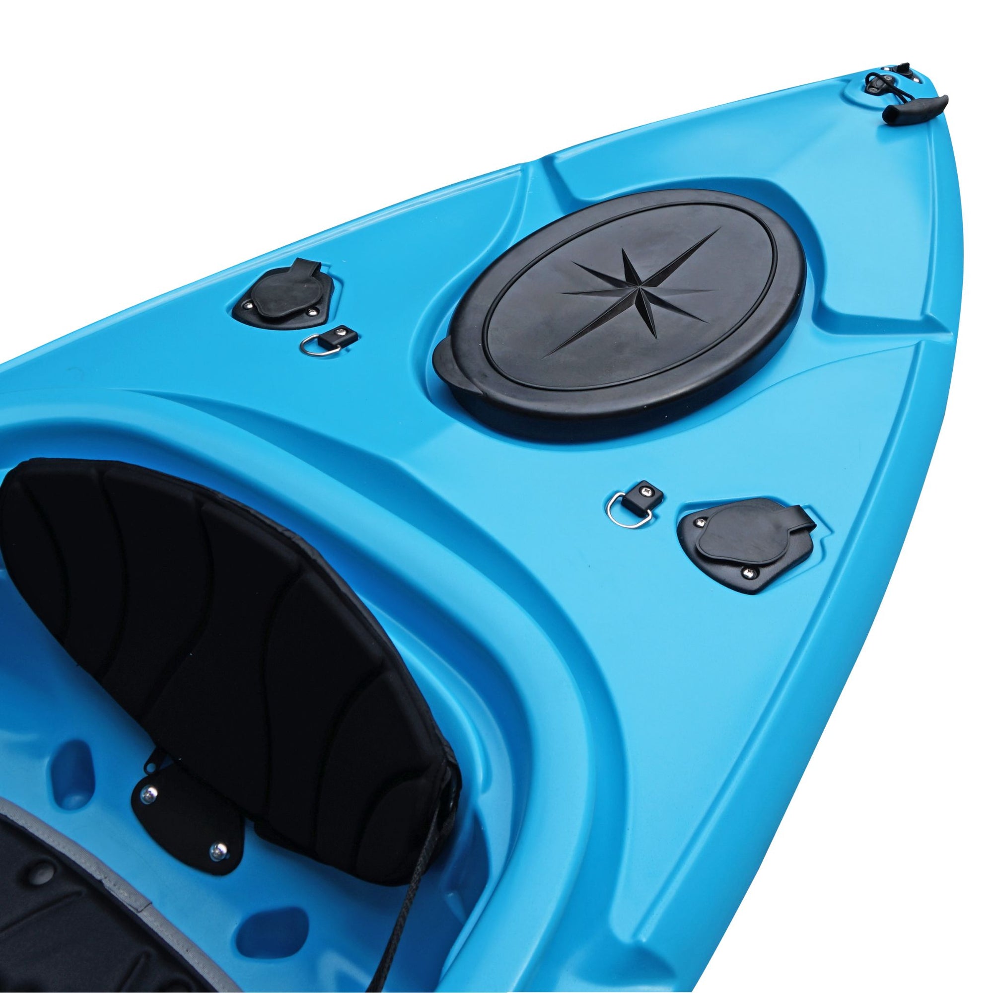 Cambridge Kayaks single sit inside leisure fishing kayak in light blue, front angled view showing sleek hull and molded seat ideal for solo paddling and touring.