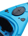 Cambridge Kayaks single sit inside leisure fishing kayak in light blue, front angled view showing sleek hull and molded seat ideal for solo paddling and touring.