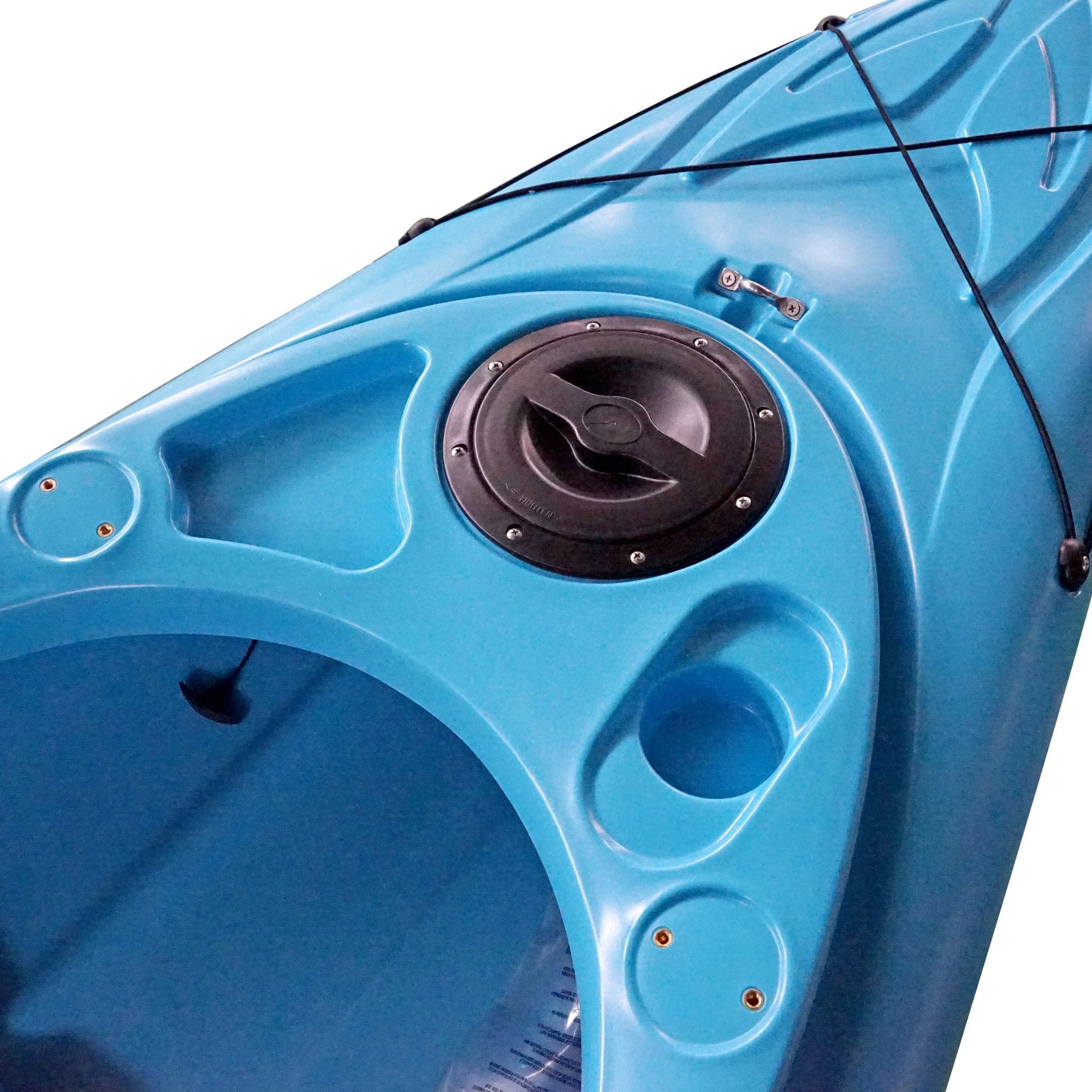 Deck hatch detail of the Cambridge Kayaks single sit inside leisure fishing kayak in light blue, showing bow storage area and fitted bungee cords for accessories.