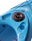 Deck hatch detail of the Cambridge Kayaks single sit inside leisure fishing kayak in light blue, showing bow storage area and fitted bungee cords for accessories.