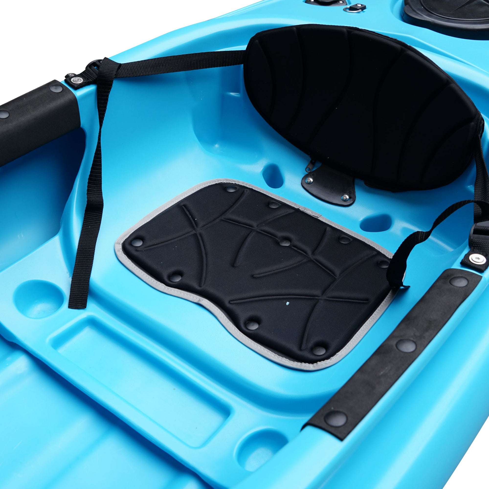 Side profile of the Cambridge Kayaks single sit inside leisure fishing kayak in light blue, highlighting smooth contours, carry handles, and stable sit-in design.