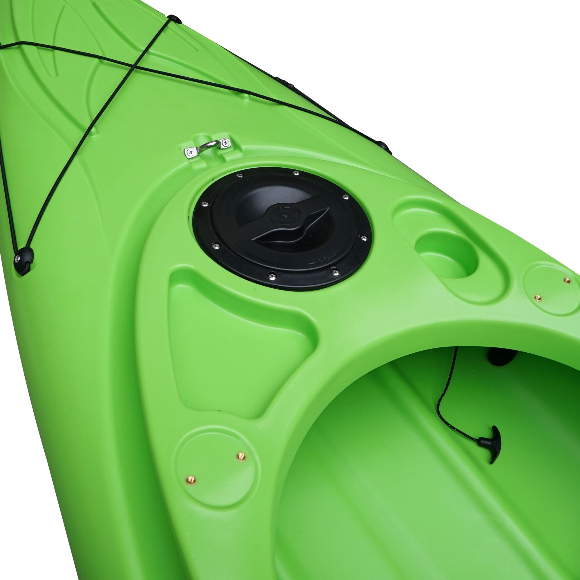 Close-up of the Cambridge Kayaks single sit inside leisure fishing kayak in lime green, displaying molded seat, watertight hatch, and smooth deck finish.