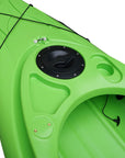 Close-up of the Cambridge Kayaks single sit inside leisure fishing kayak in lime green, displaying molded seat, watertight hatch, and smooth deck finish.