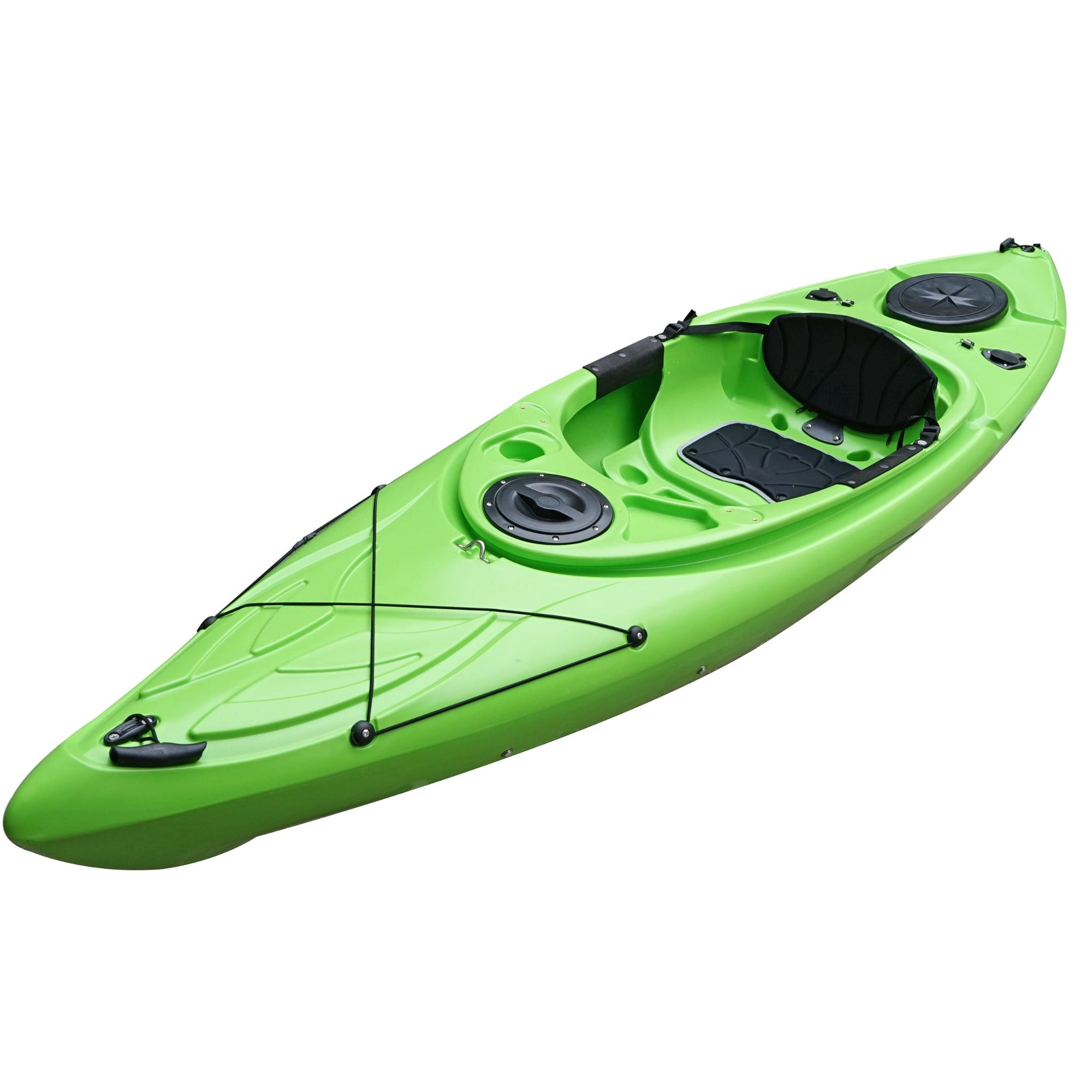 Deck view of the Cambridge Kayaks single sit inside leisure fishing kayak in lime green, highlighting storage hatch, footwell, and front carry handle.